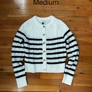 Universal Thread White and Black Striped Cable-Knit Button Cardigan